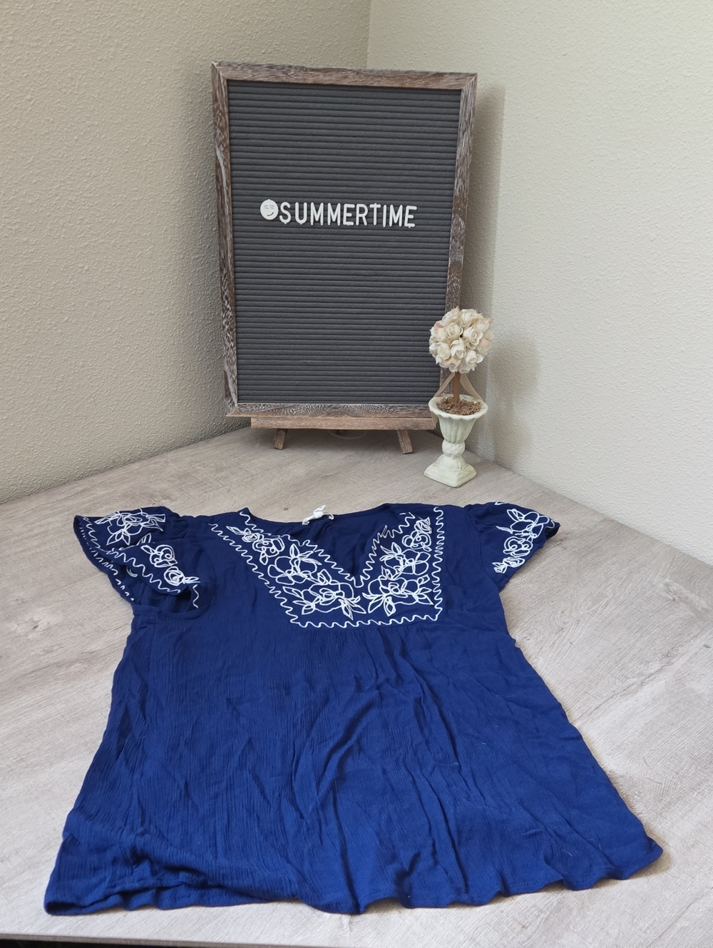 Boho Embroidered Navy Women's Top - Unbranded